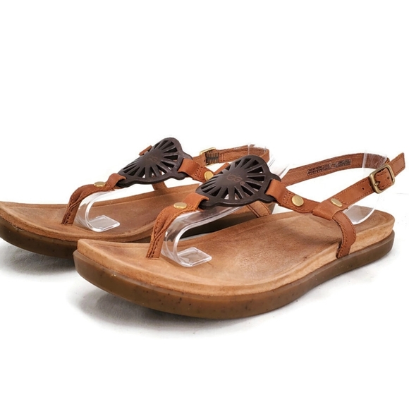 UGG Shoes - UGG Ayden Tan Leather T-Strap Medallion Logo Thong Post-Toe Sling-Back Sandals